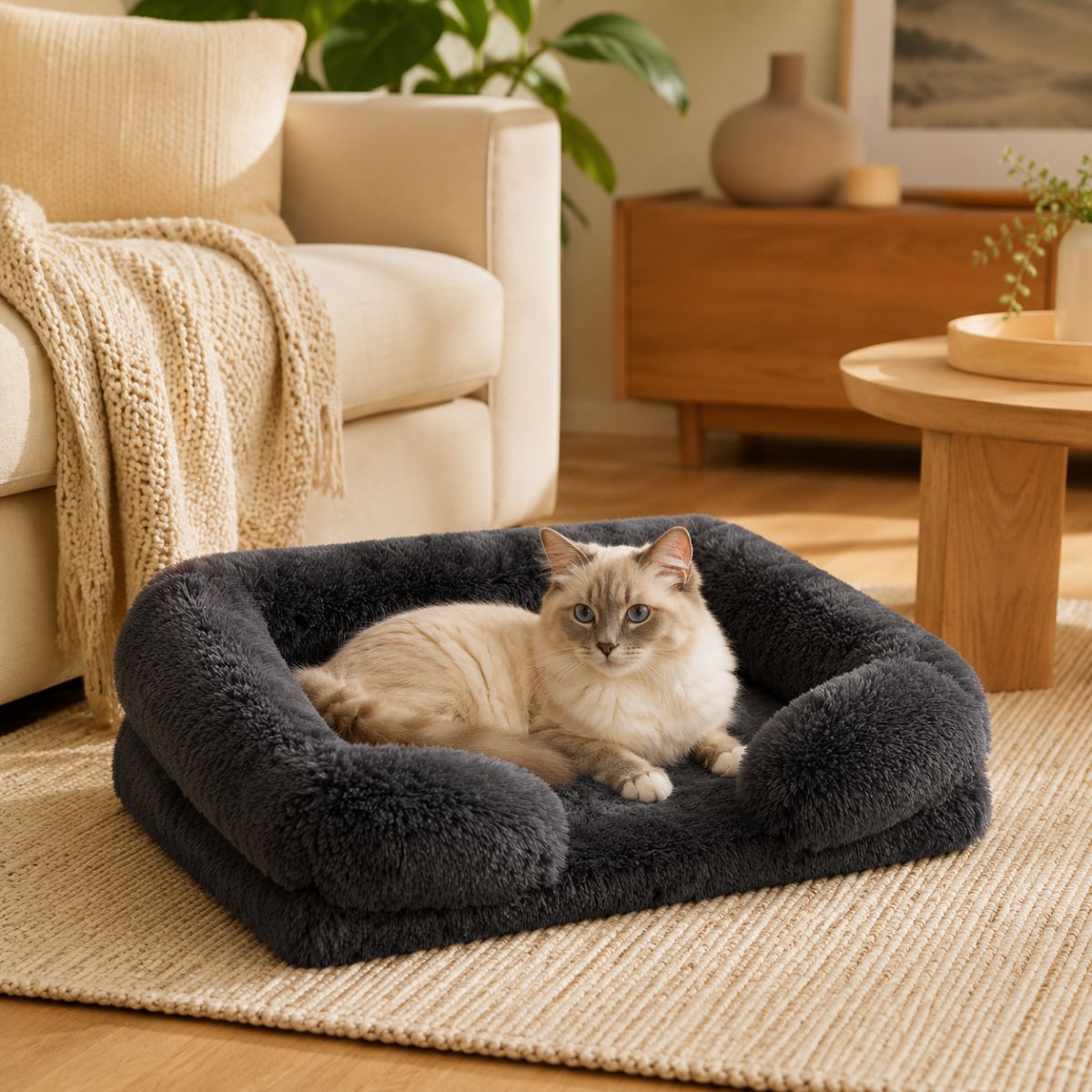 Panier pour Chat Moelleux | Coussin Nid Douillet à Rebords — Le Flocon