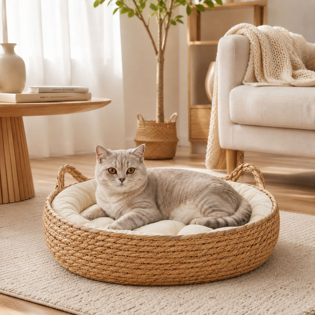 Panier Chat Osier Tressé | Coussin Nid Naturel & Design — Le Berceau