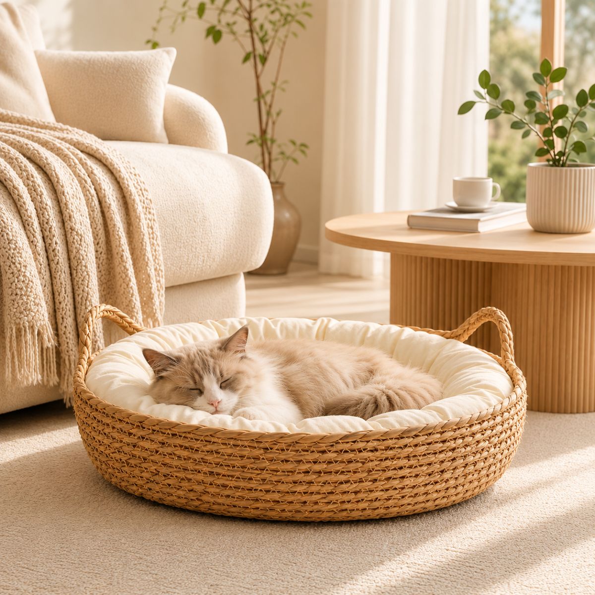 Panier Chat Osier Tressé | Coussin Nid Naturel & Design — Le Berceau