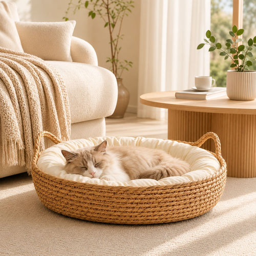 Panier Chat Osier Tressé | Coussin Nid Naturel & Design — Le Berceau