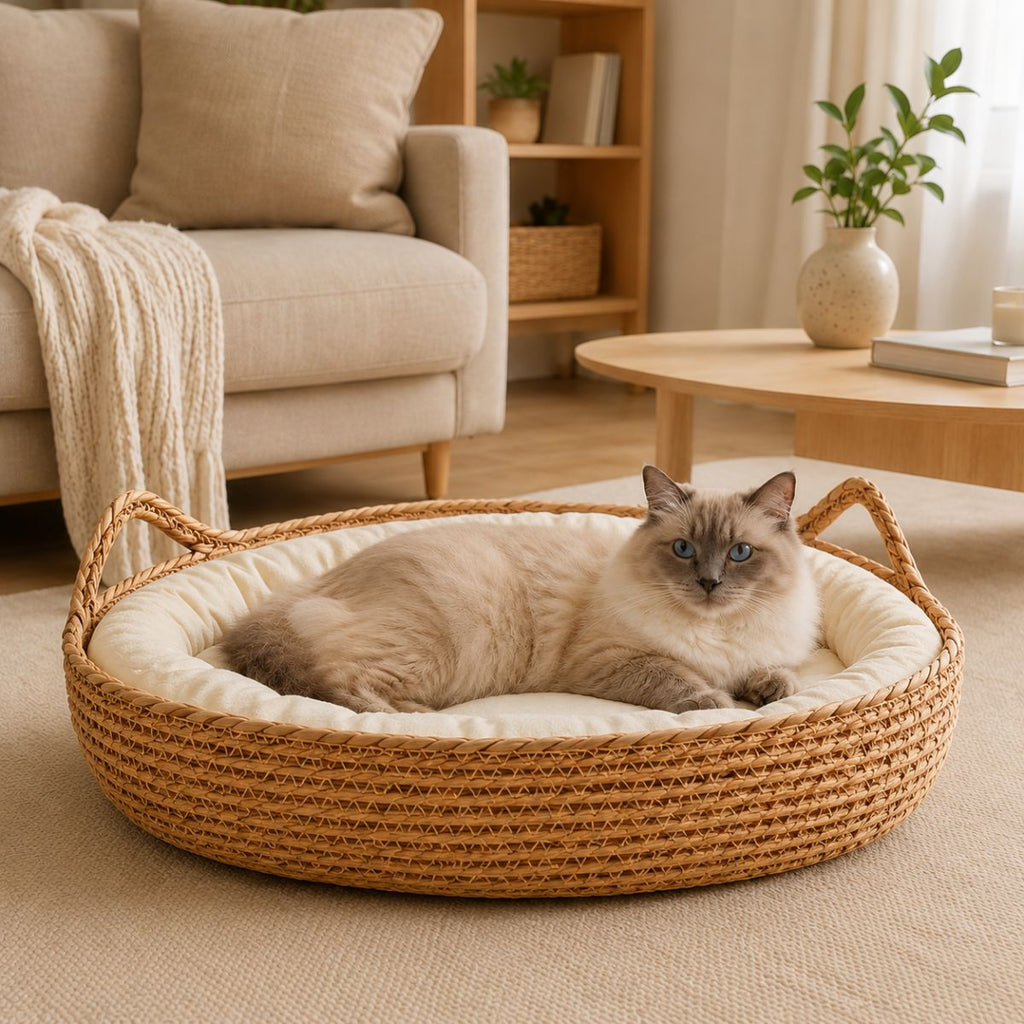Panier Chat Osier Tressé | Coussin Nid Naturel & Design — Le Berceau