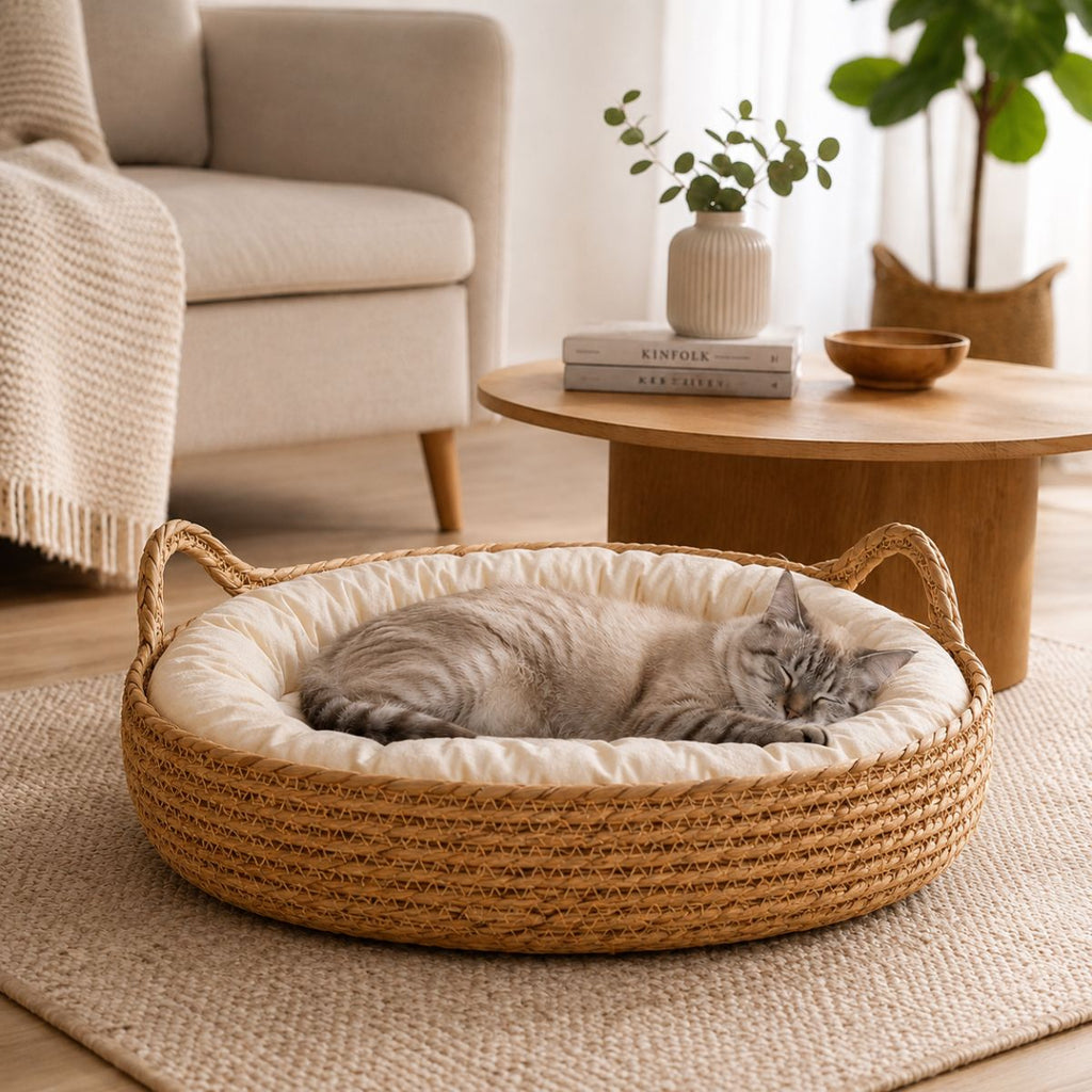 Panier Chat Osier Tressé | Coussin Nid Naturel & Design — Le Berceau