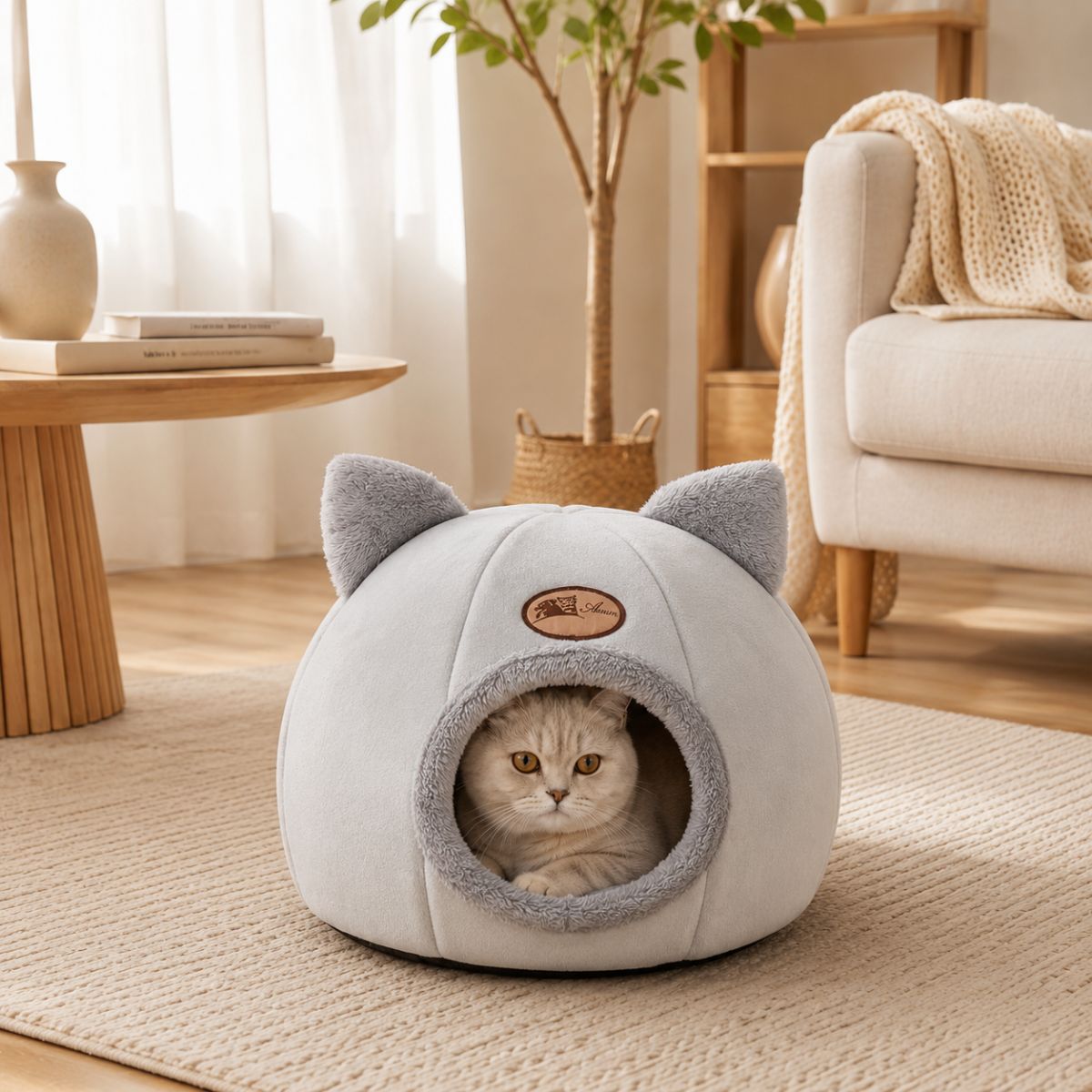 Niche pour Chat Dôme à Oreilles | Nid Cocon Semi-Fermé Intérieur — La Tanière