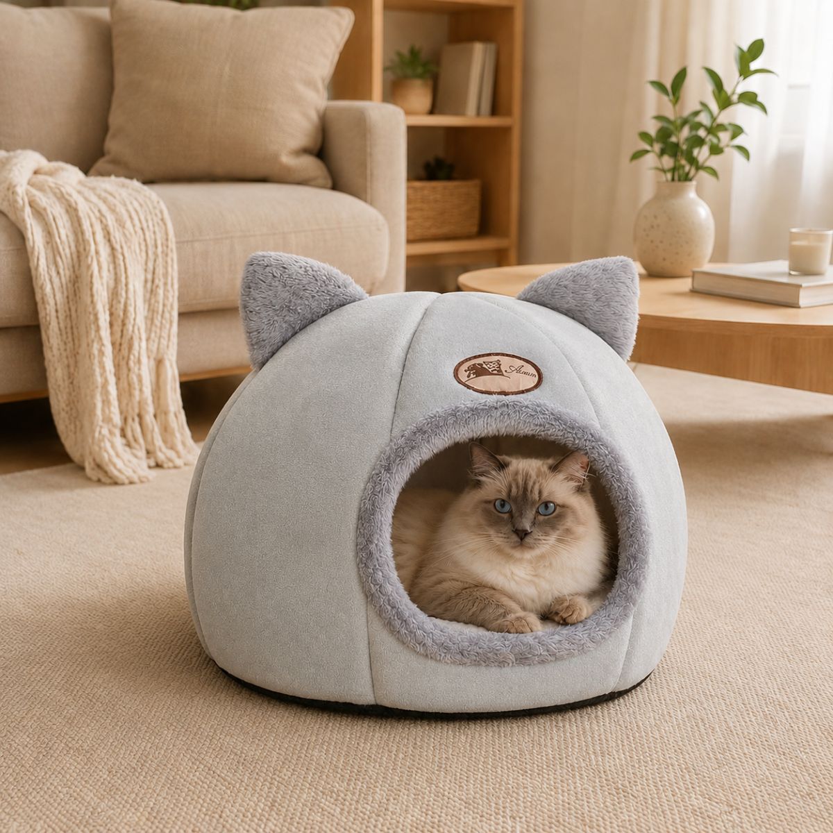 Niche pour Chat Dôme à Oreilles | Nid Cocon Semi-Fermé Intérieur — La Tanière