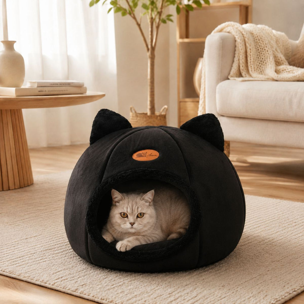Niche pour Chat Dôme à Oreilles | Nid Cocon Semi-Fermé Intérieur — La Tanière