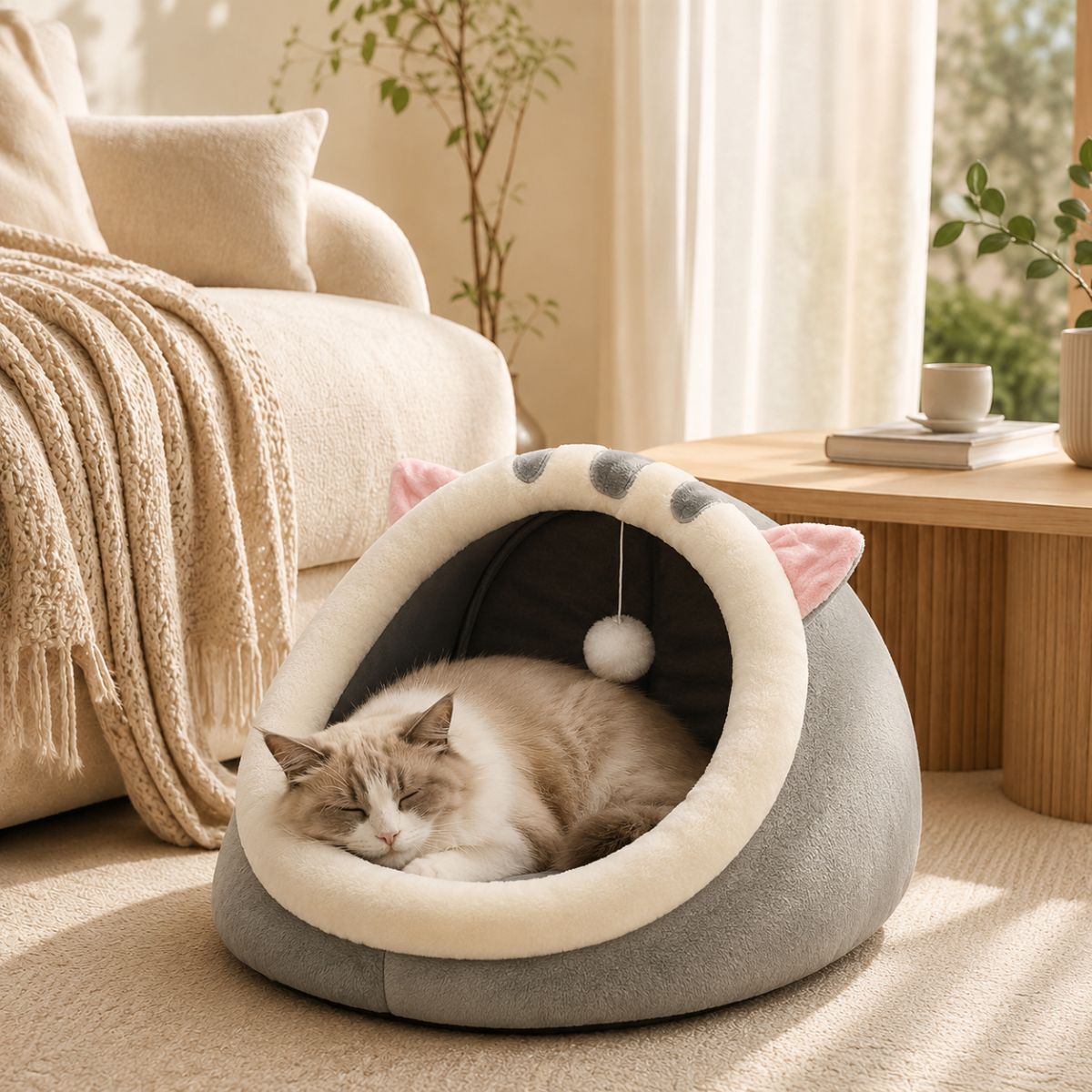 Niche pour Chat Demi-Dôme à Oreilles | Nid Cocon avec Pompom — L'Arche