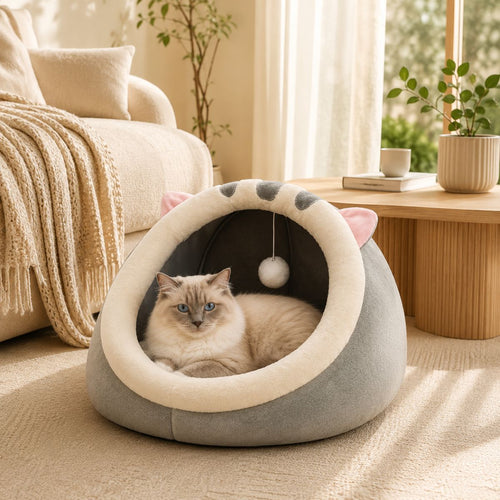 Niche pour Chat Demi-Dôme à Oreilles | Nid Cocon avec Pompom — L'Arche