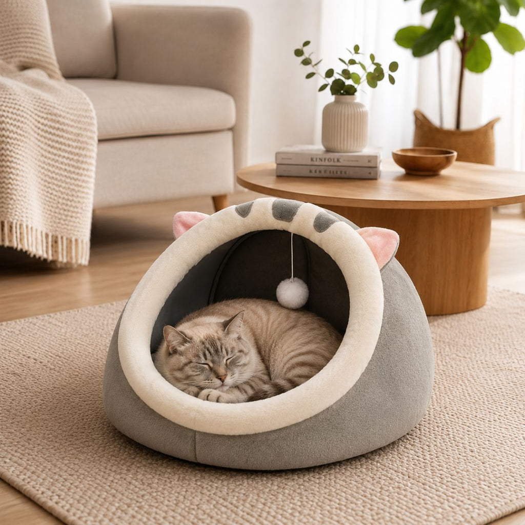 Niche pour Chat Demi-Dôme à Oreilles | Nid Cocon avec Pompom — L'Arche