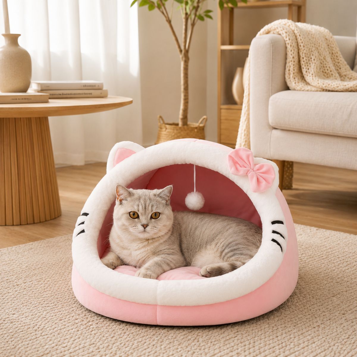 Niche pour Chat Demi-Dôme à Oreilles | Nid Cocon avec Pompom — L'Arche