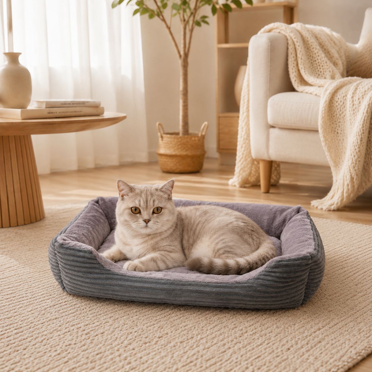 Panier pour Chat Velours Côtelé à Rebords | Coussin Nid Cocooning — Le Velours