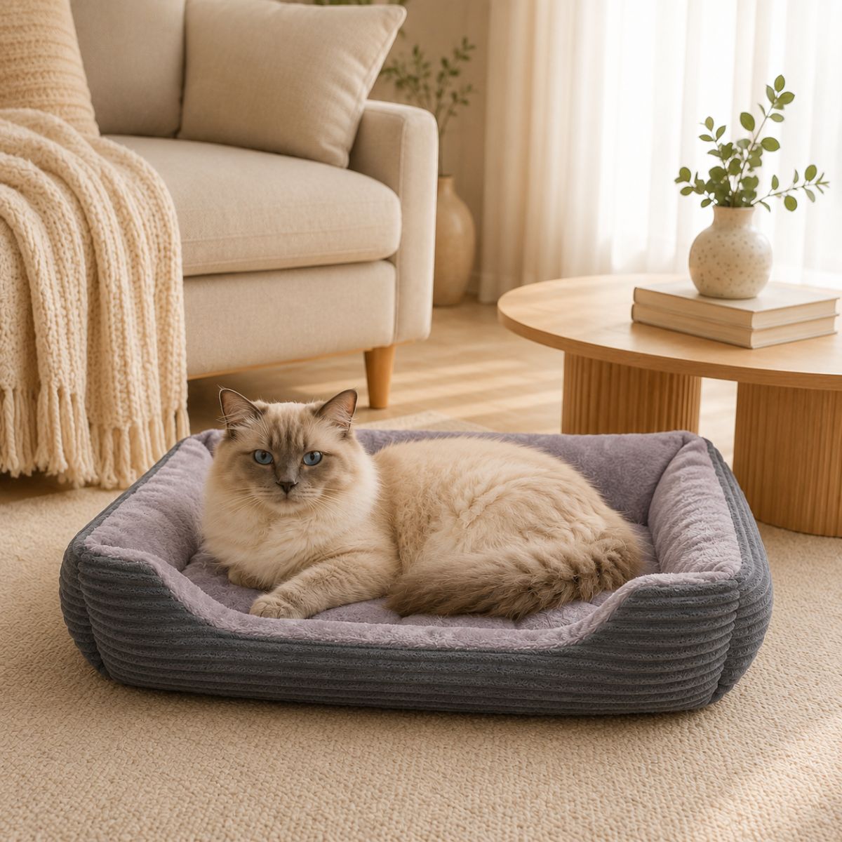 Panier pour Chat Velours Côtelé à Rebords | Coussin Nid Cocooning — Le Velours