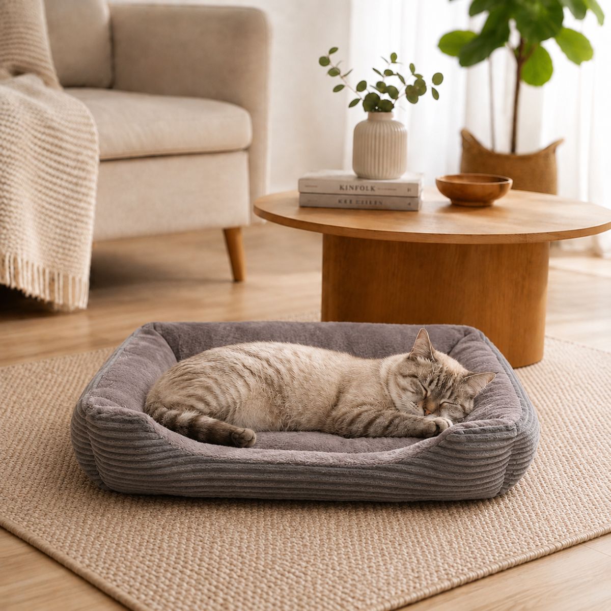 Panier pour Chat Velours Côtelé à Rebords | Coussin Nid Cocooning — Le Velours