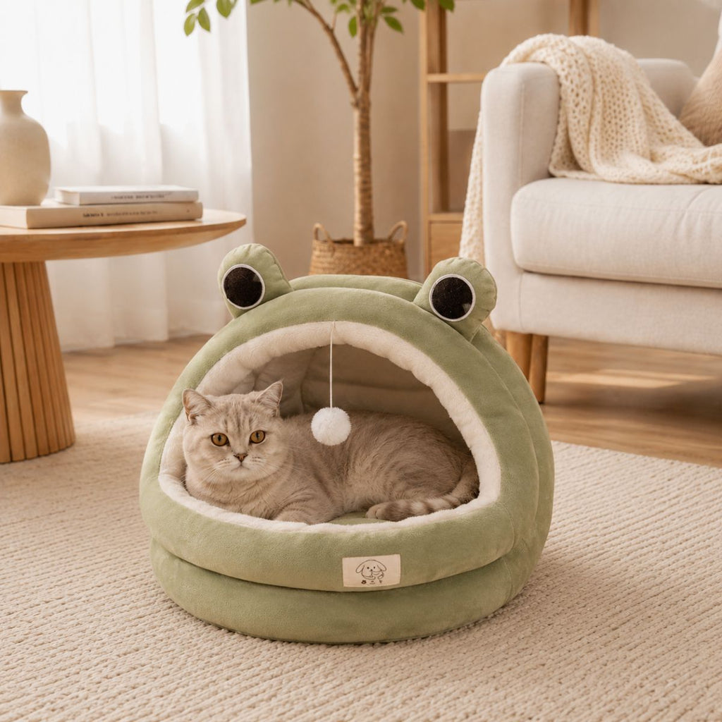 Niche pour Chat Forme Grenouille | Nid Cocon Ludique avec Pompom — La Mare