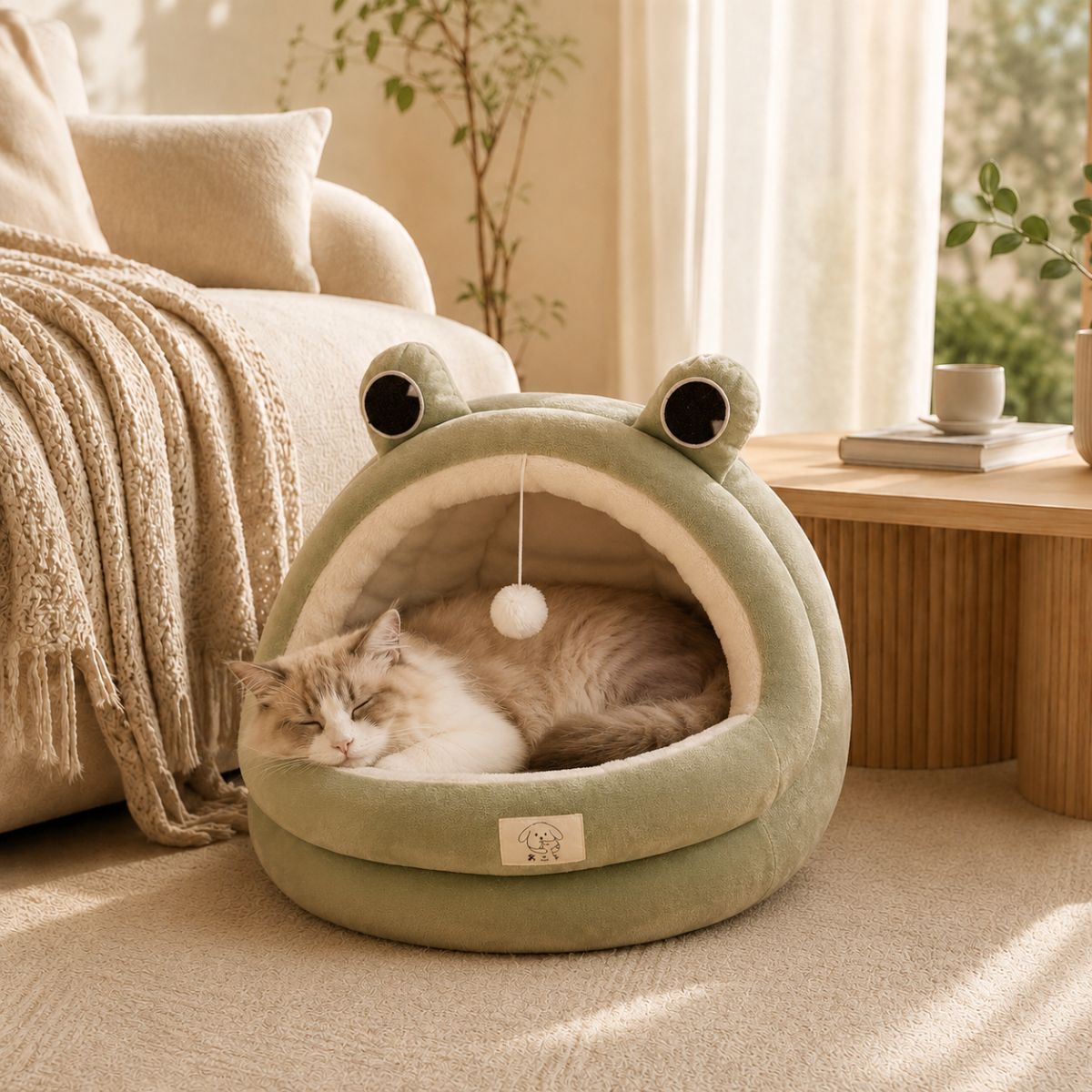 Niche pour Chat Forme Grenouille | Nid Cocon Ludique avec Pompom — La Mare
