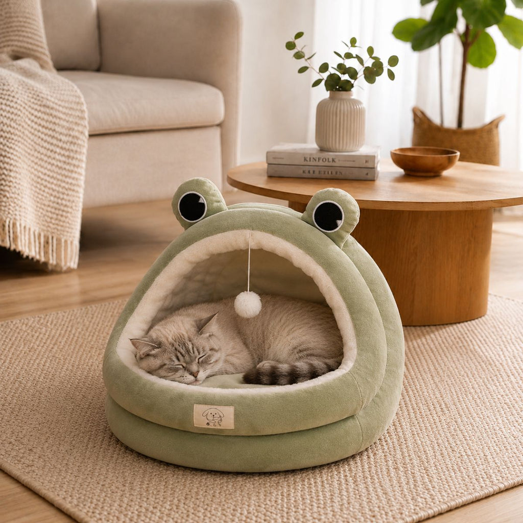 Niche pour Chat Forme Grenouille | Nid Cocon Ludique avec Pompom — La Mare