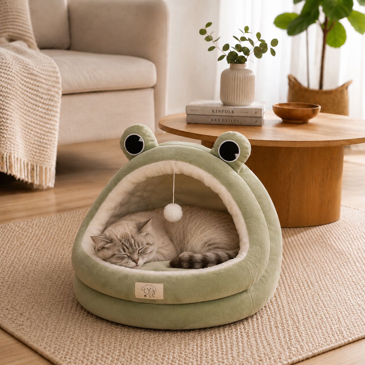 Niche pour Chat Forme Grenouille | Nid Cocon Ludique avec Pompom — La Mare