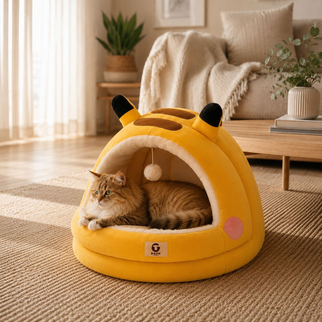 Niche pour Chat Forme Grenouille | Nid Cocon Ludique avec Pompom — La Mare