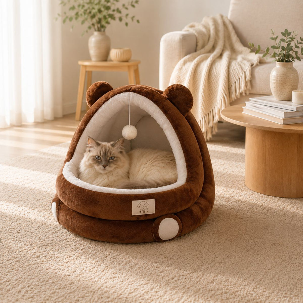 Niche pour Chat Forme Grenouille | Nid Cocon Ludique avec Pompom — La Mare