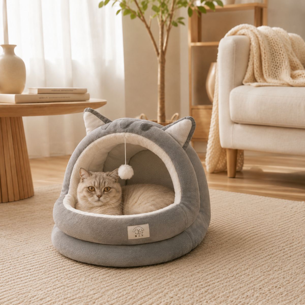 Niche pour Chat Forme Grenouille | Nid Cocon Ludique avec Pompom — La Mare